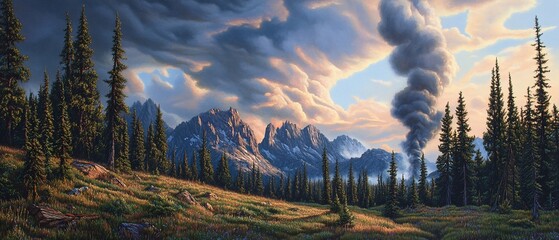 Sticker - Majestic mountain sunset, smoke plume, forest meadow. Wallpaper, nature art