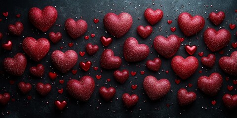 Poster - A collection of red hearts scattered on a solid black background for romantic themes and designs valentine day