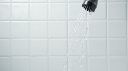 Poster - Close-up of water droplets falling from a faucet against a white tiled background