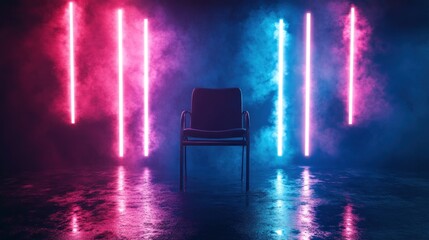 Wall Mural - empty chair in smoky room with neon lights.