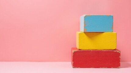 Poster - Stack of three colorful wooden blocks on pink background