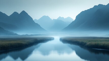 Sticker - Misty mountain river reflection, serene landscape, calm morning