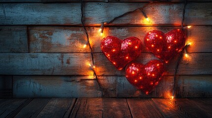 Poster - Heart shaped candle holder with lights on a rustic wooden surface for home decoration valentine day