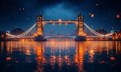 Sticker - Night scene, Tower Bridge, London, glowing lights, river reflection, romantic travel