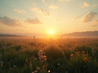 a serene sunrise over a misty meadow filled with wildflowers, creating a peaceful and picturesque la