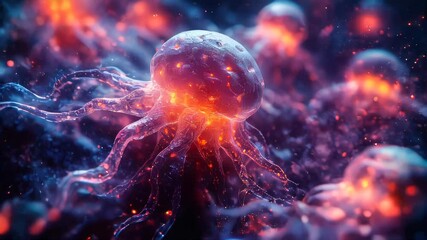 Poster - An abstract, glowing neural network depiction with intricate tentacle-like structures, symbolizing communication and advanced scientific concepts