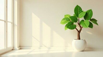 Aufkleber - Serene Minimalist Room Decor A Lush Green Plant in a White Pot Basking in Sunlight Near a Window