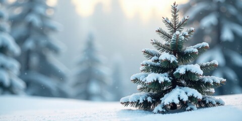 Aufkleber - Serene Winter Scene A Small Evergreen Tree Covered in Fresh Snow, Amidst a Blurred Forest Background