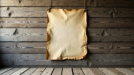 Poster - Blank aged parchment paper hanging on rustic wood wall and floor