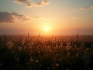 a serene sunrise over a misty meadow filled with wildflowers, creating a peaceful and picturesque la