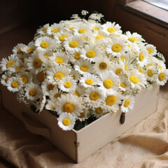 Wall Mural - beautiful arrangement of white daisies and yellow flowers in rustic box, creating cheerful and fresh atmosphere. Perfect for home decor or special occasions