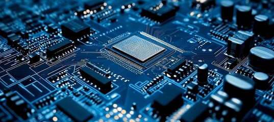 Poster - Close Up on an Electronic Circuit Board with a CPU in the Center, Technology Abstract Background