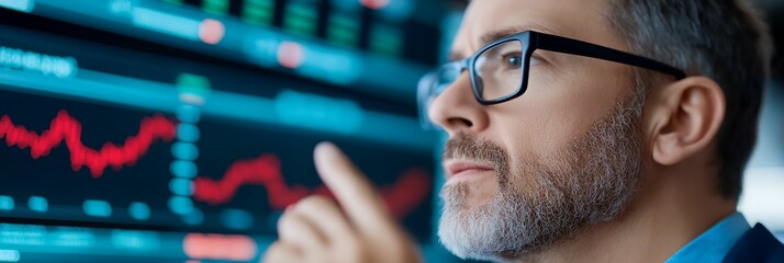 Poster - Man with glasses is looking at a computer screen with a pointer in his hand