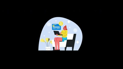 Poster - A woman sitting at home working on a laptop with a dollar sign and abstract elements in the background.