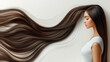 © ElviraArtstar - Elegant woman with long, flowing brown hair in a creative composition, showcasing beauty, haircare, and natural elegance against a soft background