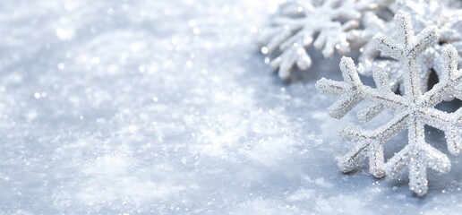 Wall Mural - Close-Up of Glittering Snowflakes on a Frosty Surface ? Winter Holiday Decoration