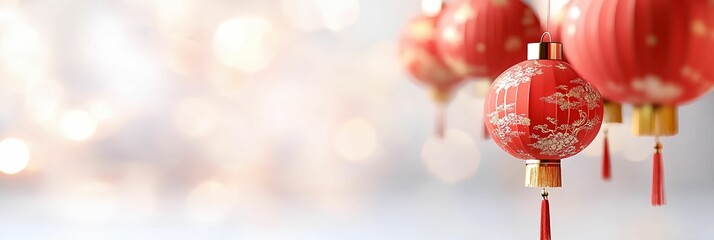 Poster - Red lantern with a gold trim hangs from a string