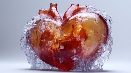 Poster - Heart shaped ice cube on a surface with reflections and light effects in a cool setting valentine day