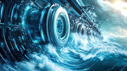 Poster - wave power modern technology with innovative use of ocean waves to generate sustainable energy, with