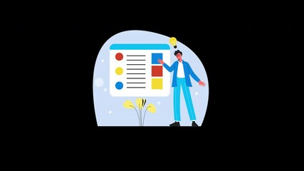 Poster - An animated European man presenting a colorful infographic with lightbulb idea in a flat design.