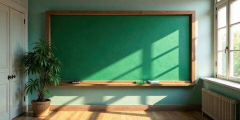Poster - Sunlit Classroom with Green Chalkboard and Potted Plant