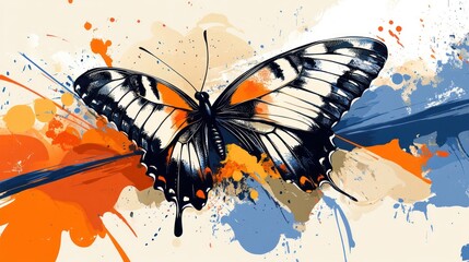 Wall Mural - Colorful butterfly with paint splatters.