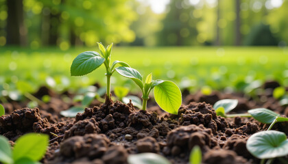 Close-up of young seedlings emerging from rich soil in a nurturing garden environment