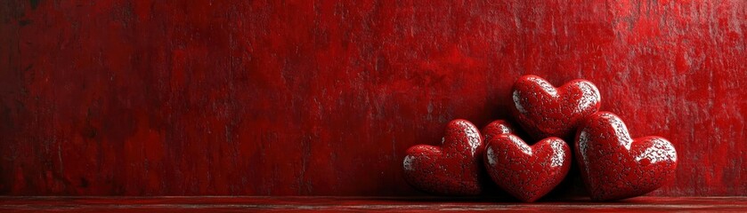 Poster - Three red hearts arranged on a solid red background for a romantic or festive theme valentine day
