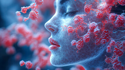 Poster - A conceptual art depiction of a human face surrounded by vibrant red molecular structures, symbolizing scientific research and innovation