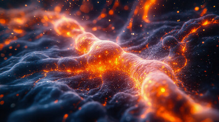 Poster - Glowing orange and blue cellular structures resembling neurons, representing a futuristic and abstract view of life sciences and biology