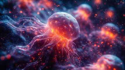 Poster - An abstract, glowing neural network depiction with intricate tentacle-like structures, symbolizing communication and advanced scientific concepts