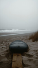 Wall Mural - A dark navy blue surfboard is lying on the beach with waves in the background. The photo was taken during a stormy day, and there is fog over the sea.