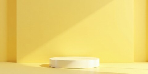 Poster - Minimalist product display showcasing a round white pedestal against a pale yellow backdrop with sunlight