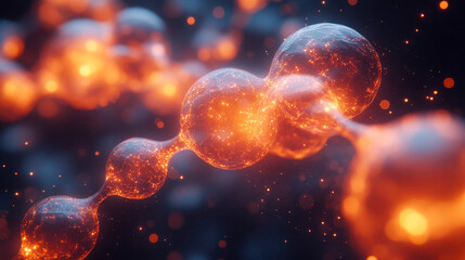 Poster - Abstract molecular structure in vibrant orange tones. Transparent interconnected spheres glow with energy, symbolizing scientific innovation and molecular biology