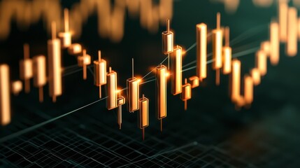 Poster - A close-up of financial candlestick charts, showcasing market trends with glowing bars indicating price movements.