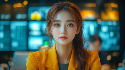 Poster - Portrait of a young professional woman in a modern business setting, exuding confidence and elegance