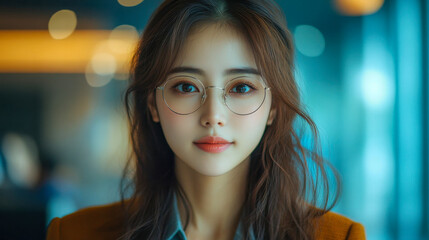 Poster - A close-up portrait of a confident young woman wearing glasses in a modern setting with warm lighting, representing intelligence and professionalism
