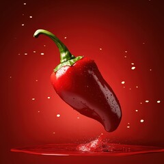 Wall Mural - Fresh Red Chili Pepper Splashing Against Vibrant Red Background