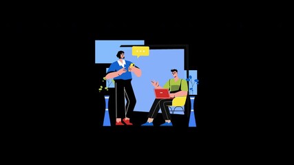 Poster - Two individuals engaged in a discussion with technology, depicting a modern workspace.