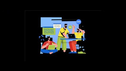Poster - Group of diverse individuals collaborating on programming tasks, showcasing teamwork in a modern tech environment.