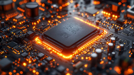 Poster - Close-up view of a glowing computer motherboard with vibrant orange circuitry lights, showcasing intricate electronic components and a futuristic tech vibe