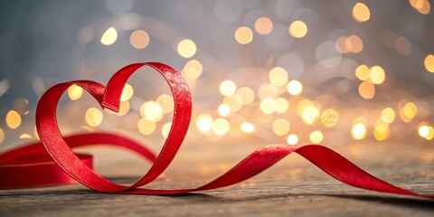 Glowing red ribbon with warm golden bokeh lights creating a romantic and elegant ambiance perfect for celebrations and love themes