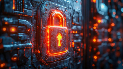 Poster - A glowing digital padlock symbol on a futuristic interface, symbolizing data security and protection in a high-tech world