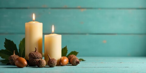 Aufkleber - Serene Autumn Still Life with Lit Candles and Acorns