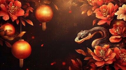 Wall Mural - A modern and elegant artistic background featuring the snake zodiac, adorned with vibrant red and gold floral designs and glowing lanterns,