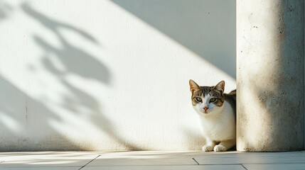 Aufkleber - Tabby cat sitting by a wall with shadows and sunlight