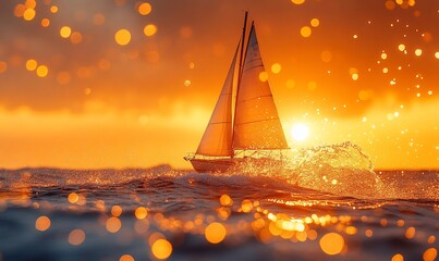 Wall Mural - Sailboat sunset ocean journey, golden hour, travel