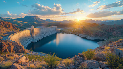 Wall Mural - Wide-angle view of the three-block dam with water behind it and mountains surrounding it.