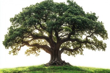 majestic ancient oak tree isolated on white background with detailed branches and green summer folia