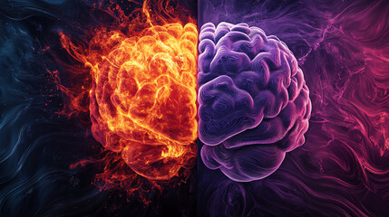 Poster - Fiery and cool abstract brain illustration with vibrant colors and textures